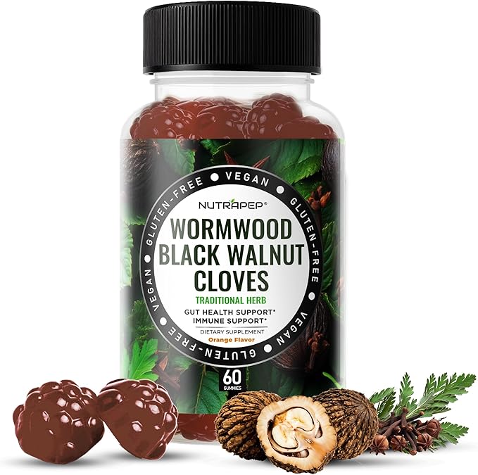 NutraPep Wormwood Black Walnut & Cloves Gummies - Gut Health Immune Support & Natural Detox Cleanse Traditional Herbal Supplement - Vegan Gluten-Free Non-GMO Orange Flavor 60 Gummies
