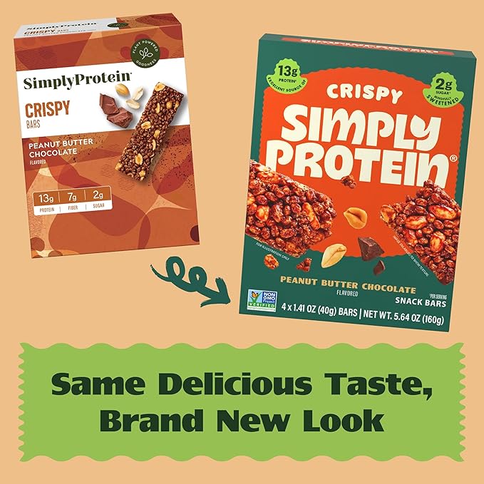 Simply Protein - Peanut Butter Chocolate Crispy Bars - Plant Based Protein Bars - Low Carb, Low Sugar, High Fiber - 13g Protein, 2g Sugar, 7g Fiber - Vegan, Gluten Free, Non GMO, Kosher - 12 Bars