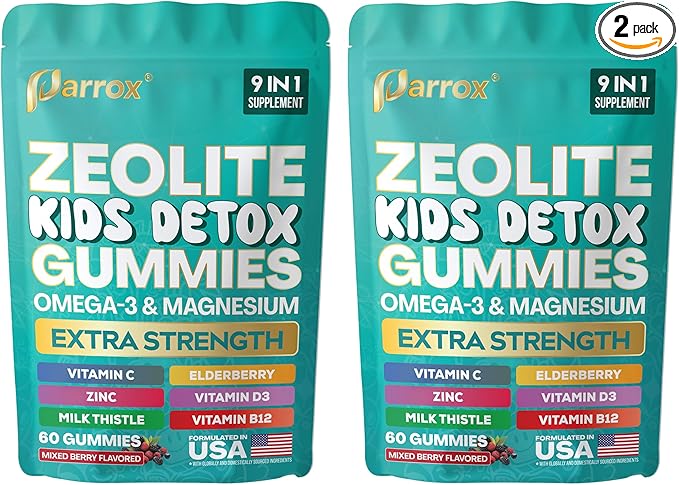 Zeolite Kids Detox Gummies, 9-in-1 Extra Strength with Zeolite, Omega-3, Magnesium, Elderberry, Vitamin C, Milk Thistle, Vitamin D3, Zinc, B12 – Sugar-Free (Mixed Berry Flavor - 2 Pack)