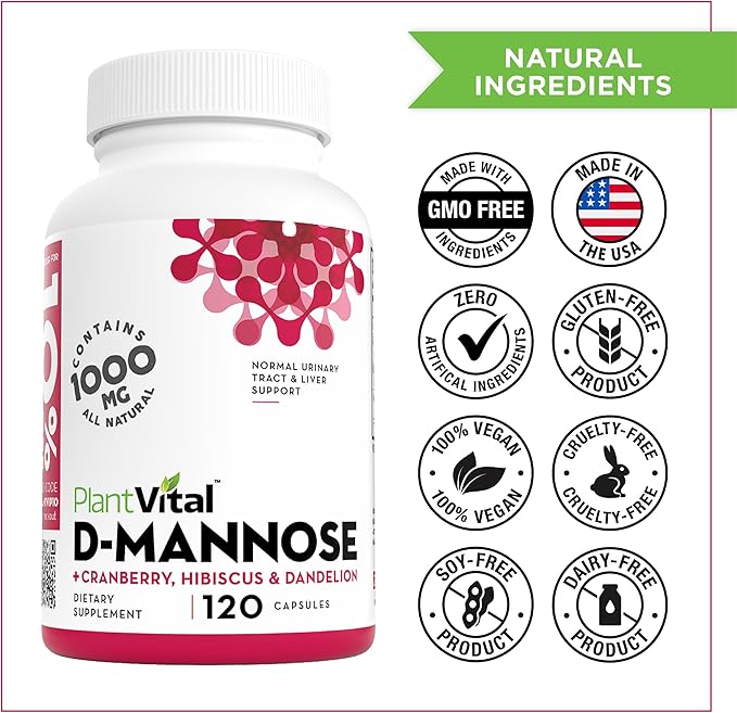 Plantvital D Mannose Capsules with Cranberry - D-mannose 1000mg per serving - High Potency for Bladder, Kidney and Urinary Tract Support - Cranberry Powder with Hibiscus and Dandelion- 2 Months Supply