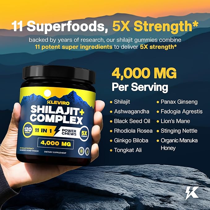 KLEVIRO 30:1 Shilajit Gummies for Men | 78% Fulvic Acid | 11-in-1 Complex with Ashwagandha, Tongkat Ali, Manuka Honey, Rhodiola, Lion's Mane | No Added Sugar | GMP Certified & Lab Tested