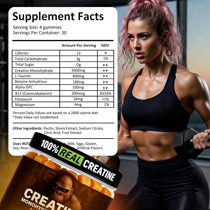Creatine Monohydrate Gummies 5g Sugar Free Creatine with Vitamin B12 and L-Taurine | Muscle Growth for Men and Women | Low Calorie Formula 120 Gummies for 30 Servings, Mango