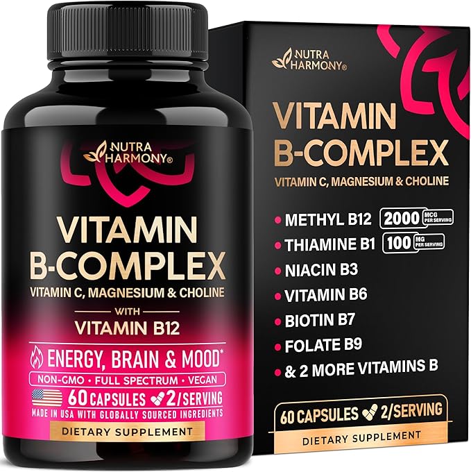 Vitamin B Complex for Men & Women - Riboflavin B2, B12, B1, B3, B5, B6, B7, B8, B9 | Vitamin C, Choline, Inositol - B-Complex Supplement - Energy, Brain & Heart Support - Made in USA, 60 Vegan Caps