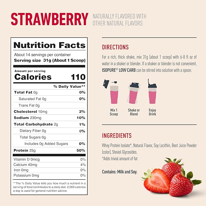 Isopure Low Carb 100% Pure Whey Isolate Protein Powder, Lactose Free, Gluten Free, With Vitamins, Strawberry, 25g Protein Per Serving, 1 Lb, 14 Servings (Packaging May Vary)