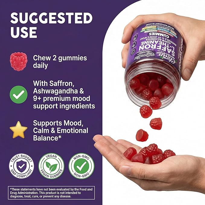 AuraZen Mood Support Saffron Gummies L-Theanine Ashwagandha Rhodiola St John's Wort Lions Mane GABA Vitamin D Magnesium Supplement | Calm Vegan Plant-Based Herbal Gummy By Clean Nutra