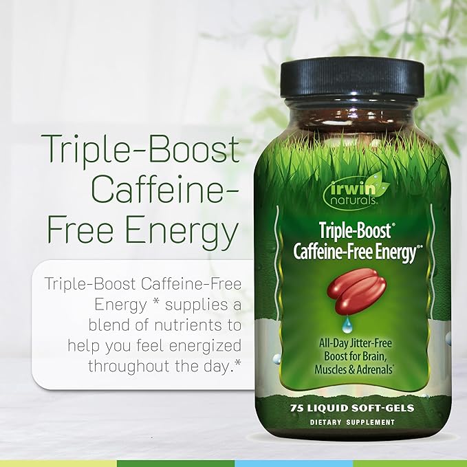 Irwin Naturals Triple-Boost Caffeine-Free Energy - Lasting, Jitter-Free Focus - Brain Boosting Nootropic - 75 Liquid Softgels