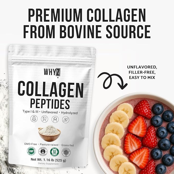 Bovine Collagen Peptides Powder Hydrolyzed Type I & III Protein, Grass-Fed Pasture-Raised Source, Unflavored Collagen Supplement Paleo-Friendly For Active Lifestyles & Wellness Non-GMO,1.16 lb (525g)
