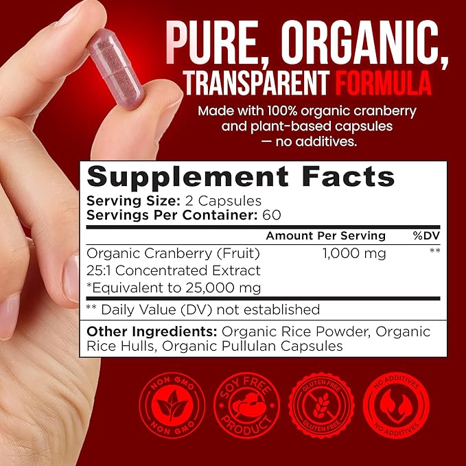 OmniBiotics USDA Organic Cranberry Pills for Women - High Potency 25,000 mg Supplement with 25:1 Fruit Extract - Daily Urinary Tract Support - 120 Vegan Capsules
