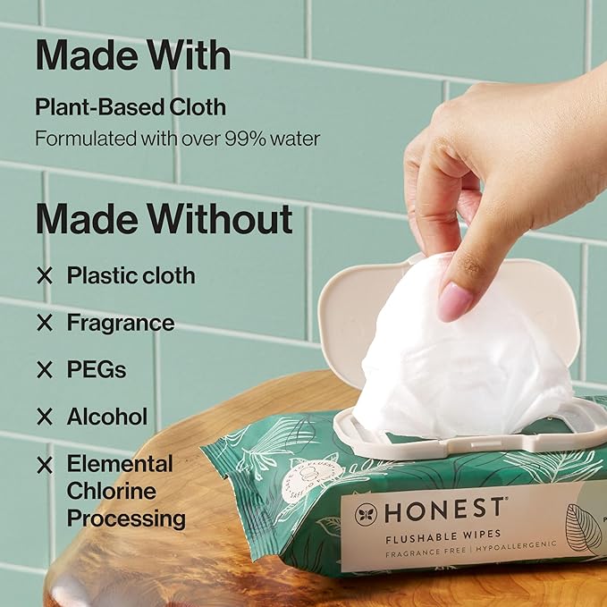 The Honest Company Hypoallergenic Flushable Wipes for Sensitive Skin, Tropical Leaves, 42 Count