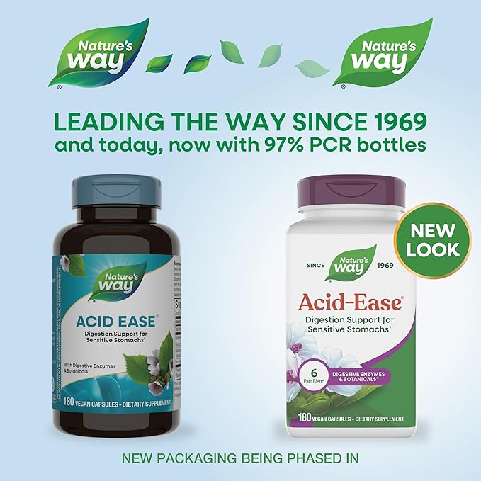 Nature's Way Acid Ease, Digestive Support Supplement for Sensitive Stomachs*, Marshmallow Root Extract, Slippery Elm Bark, Digestive Enzymes, 180 Vegan Capsules (Packaging May Vary)