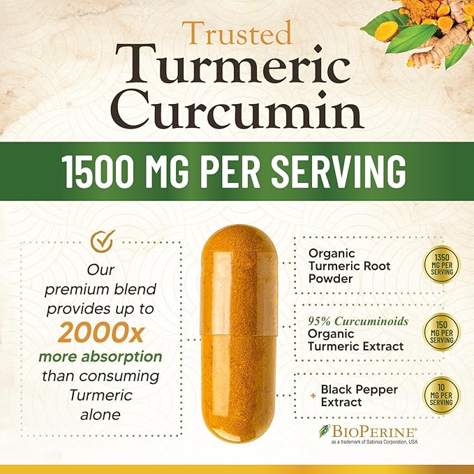 Turmeric Curcumin Supplement 1500mg - Organic Tumeric & BioPerine Black Pepper for Best Absorption with 95% Curcuminoids, Nature's Joint & Immune Support, Non-GMO, Bottled in USA - 120 Capsules