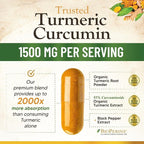 Turmeric Curcumin Supplement 1500mg - Organic Tumeric & BioPerine Black Pepper for Best Absorption with 95% Curcuminoids, Nature's Joint & Immune Support, Non-GMO, Bottled in USA - 360 Capsules