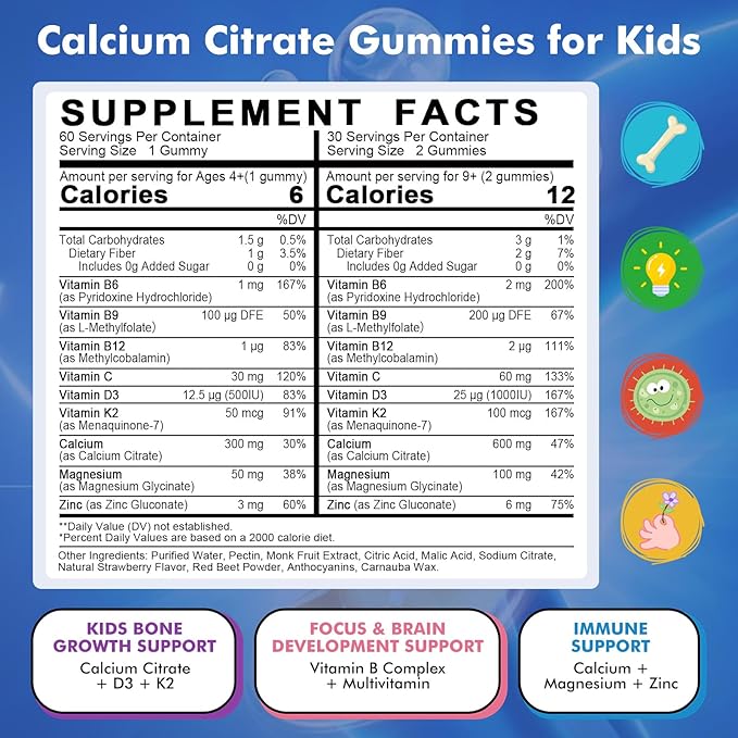 Kids Calcium Citrate Gummies with Vitamin D3 Supplement, Calcium Citrate 300/600 mg with Magnesium Zinc & Multivitamin for Kids 4+ & Teens, Support Bone Muscle & Digestive Health, Sugar Free, 60ct