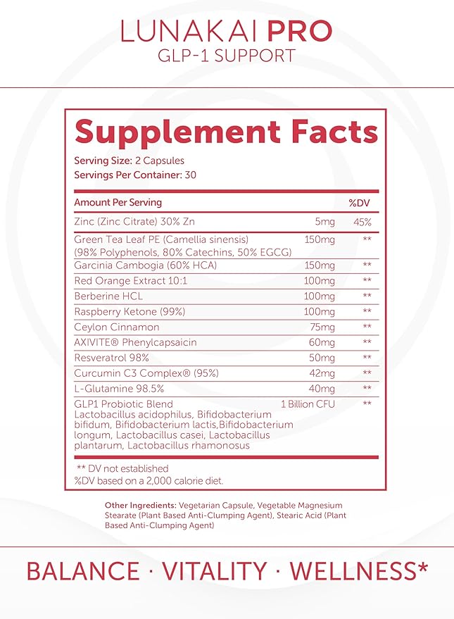 Lunakai PRO USA Made GLP-1 Supplement - Natural GLP 1 Support with Probiotics & Resveratrol – Supports Weight Management, Cravings & Metabolism, 60ct