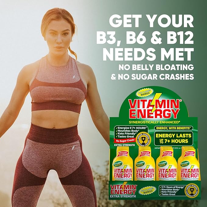 Vitamin Energy B12 11,000% Extra Strength Energy Shot Mango 24 Pack, 260mg Natural Caffeine, B12 & B6, Nootropic Focus, Vitality, Zero Sugar, Gluten-Free, Vegan, Kosher, 1.93 fl oz