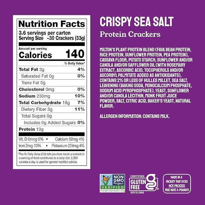 Milton's Protein Crackers, Crispy Sea Salt - 10g of Plant-Based Protein Per Serving, Gluten Free, Non-GMO Project Verified, Vegetarian-Friendly, Zero Grams Added Sugar Per Serving, 4.25 Oz, Pack of 2