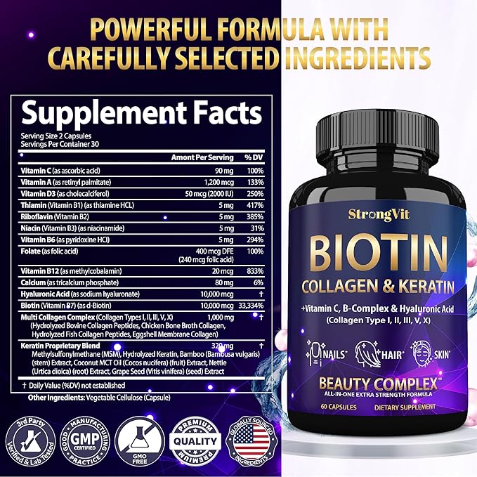 Biotin with Hyaluronic Acid, Keratin and Collagen Supplements - 10000mcg for Hair Growth Women and Men - Hair Skin and Nails Vitamins - 60 Capsules