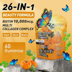 BUTTERFLY'S TEAR Hair, Skin & Nails Gummies | 26-in-1 Biotin 10,000mcg & Collagen Complex | Pineapple Flavor, 180 Count