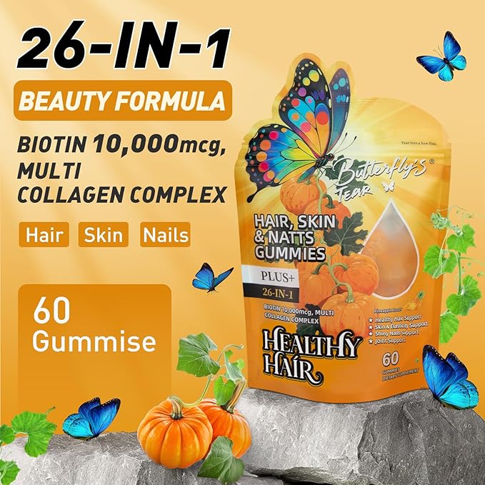 BUTTERFLY'S TEAR Hair, Skin & Nails for Women, Gummies with 10000mcg Biotin & Collagen Complex,Strong Vibrant Hair, Supports Shiny Nails, Healthy Skin, Extra Strength (Pineapple Flavor, 120 Count)