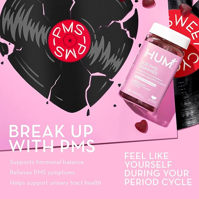HUM Nutrition SOS PMS Gummies, PMS Support Supplement for Women, Support Cycle Symptoms, Bloating, Hormonal Balance, Includes Vitamin B6, Cranberry & Chasteberry Vitex, Gluten Free, 60 Vegan Gummies