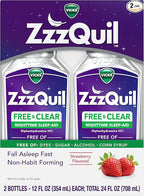 ZzzQuil Liquid Sleep Aid, Diphenhydramine 50mg HCI, Free & Clear, Free of Alcohol and Artificial Dyes, Nighttime Sleep Aid Liquid, Non-Habit Forming, Strawberry Flavored, 2 Pack, 24 FL OZ