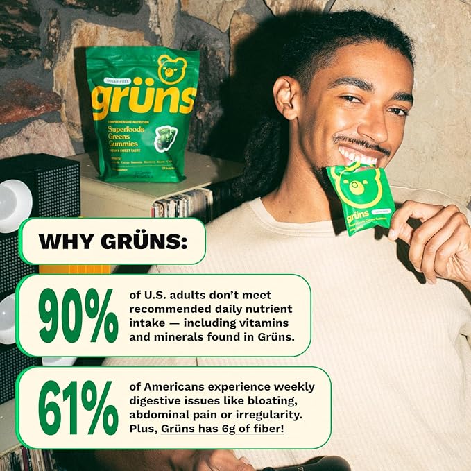 Gruns Adult Super Greens Multivitamin Gummies, Superfood Gummy Vitamins for Women and Men with Spirulina, Chlorella, Adaptogens & Prebiotic Fiber for Digestive Health (28 Count) (Pack of 2)