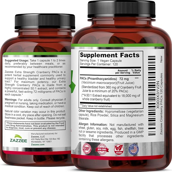 Zazzee Cranberry PACs 72 mg per Capsule, 50:1 Extract, 120 Vegan Capsules, 2X Strength, 4 Month Supply, Fast-Acting, Effective Urinary Tract & Bladder Support, 100% Soluble PACs, Made in the USA