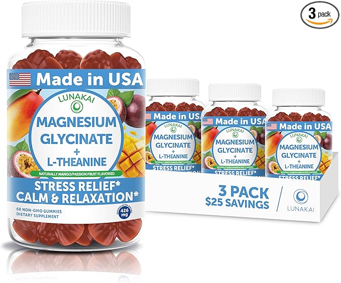 Lunakai USA Made Magnesium Glycinate Gummies with L-Theanine for Kids & Adults – 420mg Magnesium Supplement for Calm, Sleep & Stress Support - 3 Pack