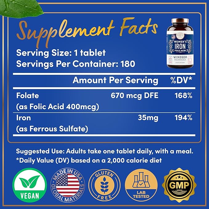 Iron and Folic Acid Supplements for Women - 35mg Gentle Iron Vitamin, Folic Acid 400mcg - Anemia, Period, Pregnancy Support Supplement, Ferrous Sulfate Pills - 180 Vegan Non-Constipating Tablets