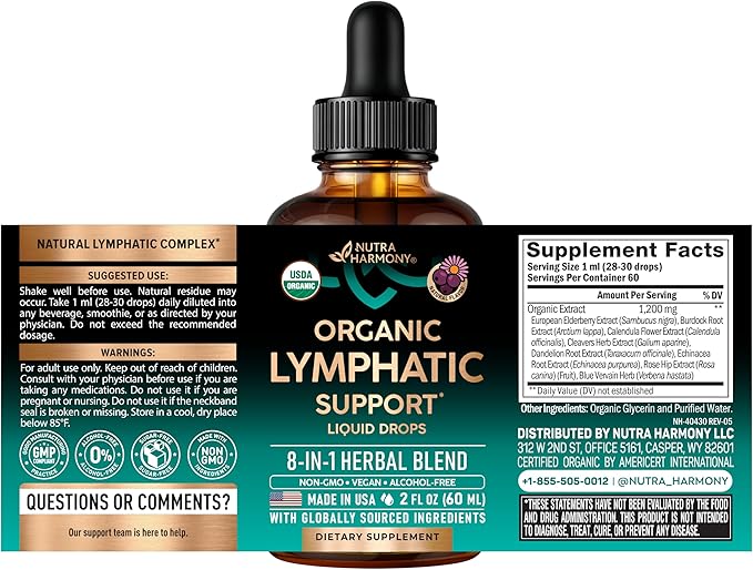 USDA Organic Lymphatic Drainage Supplement - Echinacea | Elderberry | Dandelion | Rosehip | Cleavers | Calendula | Burdock - Made in USA - Lymph System Drops - Immune Support, Cleanse & Detox, 2 fl oz