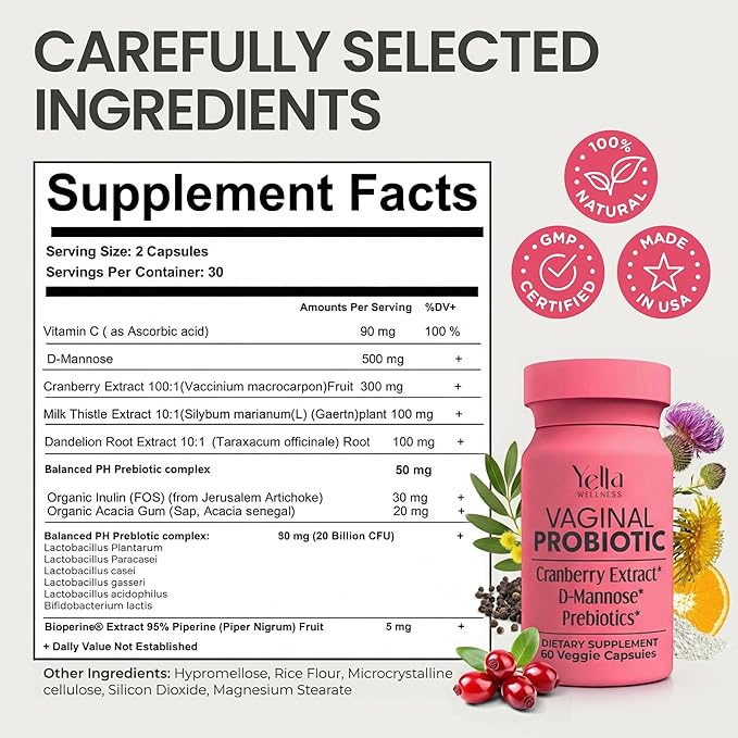 Vaginal Probiotics & Prebiotics for Women with Cranberry Extract | Supports Urinary Tract & PH Balance for Women | Probioticos Vajinal | Probiotics for Women's Vaginal Health- 60ct