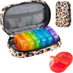 Serfeymi Weekly Travel Pill Organizer 2 Times A Day AM PM Upgraded Rainbow Pill Box 7 Day with Portable Zipper PU Leather Pill Case, Medicine Organizer for Pills, Vitamins, Fish Oils - Brown 02