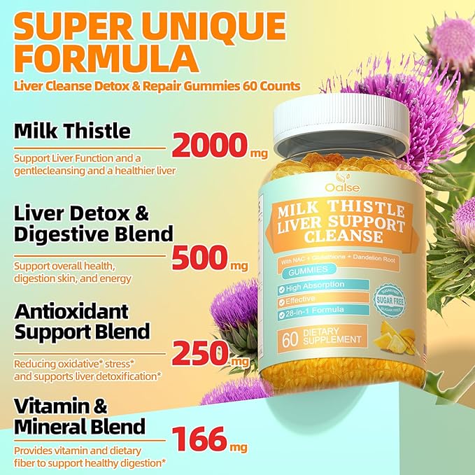 Liver Cleanse Detox & Repair 2000 Mg Milk Thistle Gummies - Mango Pineapple - with NAC, Glutathione, Dandelion Root, Aloe Vera Leaf, etc, Gluten-Free, 60 Count