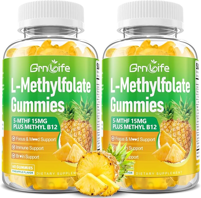 2 Pack L-Methylfolate 15 mg Gummies with Methyl B12, Methylated B1, B2, B6, Active 5-MTHF & High Absorption - Supports Brain Health & Immune System, Pineapple Flavor, 120 Count