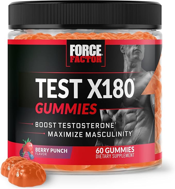 Force Factor Test X180 Gummies Testosterone Booster for Men with Tongkat Ali, Horny Goat Weed, Tribulus Terrestris, Fenugreek, & Black Maca, Supplement Men, Berry Punch, 60 Gummies, 1-Pack