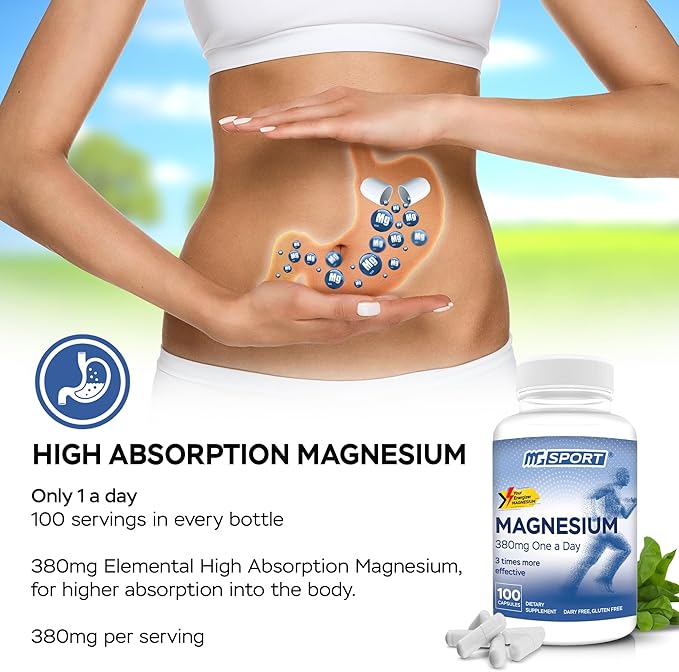 MGSPORT Magnesium Supplement 380mg - High Absorption Magnesium Complex Formula with Vitamins B6, D, E - Supports Muscle Function and Sleep Quality - 100 Servings