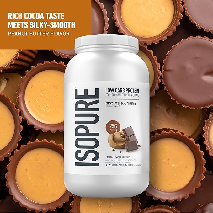 Isopure Low Carb 100% Pure Whey Isolate Protein Powder, Gluten Free, With Vitamins, Chocolate Peanut Butter, 25g Protein Per Serving, 3 Lbs, 40 Servings (Packaging May Vary)