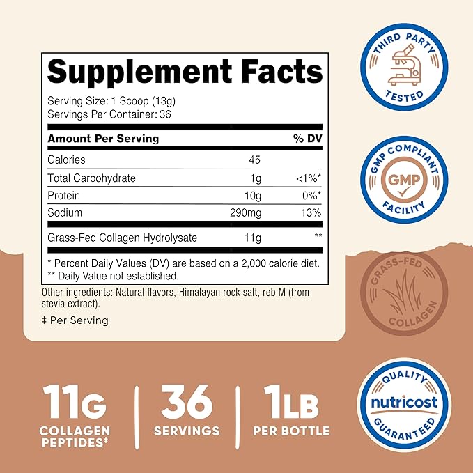 Nutricost Collagen Peptides Powder 1LB (454 G) (Salted Caramel) - Grass Fed Bovine Collagen Hydrolysate