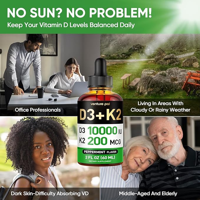 Venture Pal 5-in-1 Vitamin D3 10000 IU & K2 as MK-7 200mcg with Magnesium, MCT Oil, Zinc, Sugar-Free Vitamin D Liquid |Maximum Absorption for Bone, Mood & Immune Health - 2 FL OZ, 64 Days