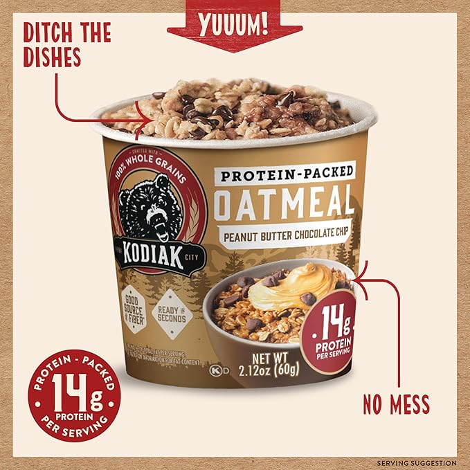 Kodiak Cakes Instant Oatmeal Cups, Peanut Butter Chocolate Chip, High Protein, 100% Whole Grains, (12 cups)