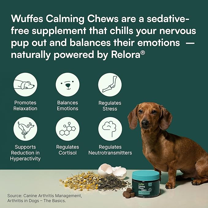 Wuffes Calming Soft Chews for Dogs, Stress Support Supplement with Relora®, L-Theanine, L-Tryptophan & Chamomile, Non-Drowsy Calming Relief for All Dogs, 60 Soft Chews