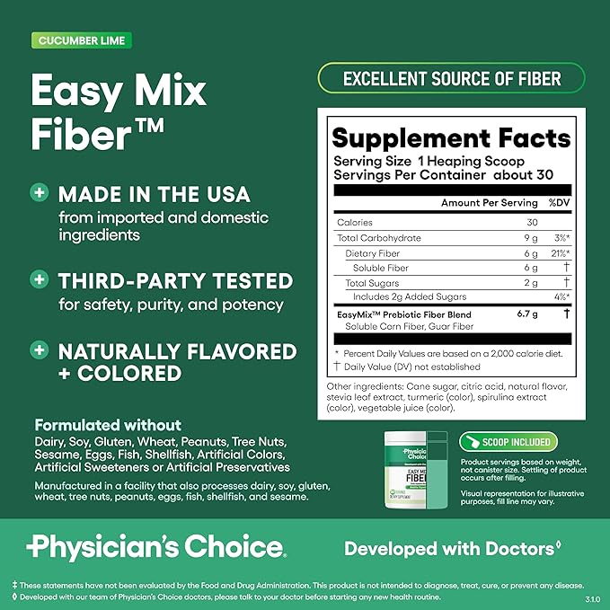 Physician's CHOICE Easy Mix Fiber for Digestive Health & Regularity - No Grit - Daily Prebiotic Soluble Fiber Powder Supplement for Women and Men - Cucumber Lime - 30 Servings