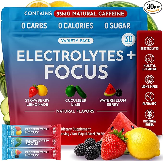 Keto Vitals Super Focus Drink Mix with Electrolytes & Caffeine Powder Packets - Nootropic Brain Support Supplement for Energy and Focus - Includes Lions Mane, L Tyrosine & Rhodiola - 30 Servings
