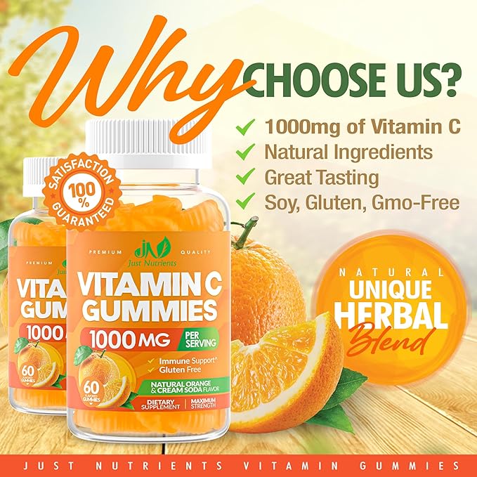 Vitamin C Gummies 1000mg – Chewable Multivitamin for Adults & Kids with Zinc for Immune & Collagen Support – Maximum Strength, Natural Orange Flavor – Gluten Free, Non-GMO, Vegetarian – 60 Gummies