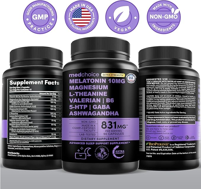 12-in-1 Melatonin Sleep Extra Strength Capsules - 10mg Melatonin Extra Strength with Magnesium and Balanced Blend of Ashwagandha, GABA, Chamomile Extract, L-Theanine & Valerian Root 10:1 Extract 90ct