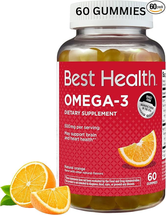 Omega-3 Gummies with 500mg of Omega-3 per Serving, Made from Algae, Natural Orange Flavor & Other Natural Flavors (60ct)