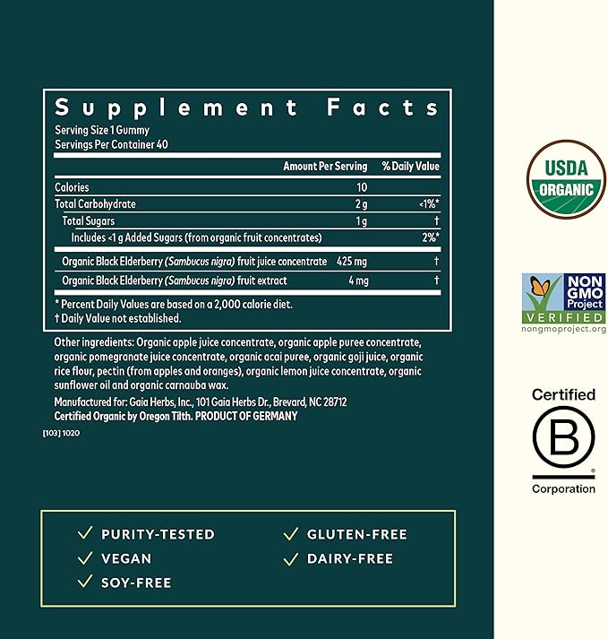 Gaia Herbs Black Elderberry Daily Gummies for Kids - Delicious Immune Support Supplement - Certified Organic Black Elderberries for Immune System Support* - 40 Vegan Gummies (40 Servings)