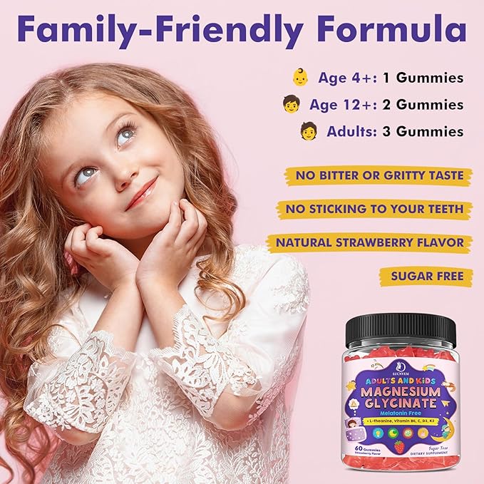Magnesium Glycinate Gummies for Kids 4+ & Adults- Magnesium Glycinate 150/300 mg for Natural Sleep, Relaxation & Calm Support, Melatonin Free, Sugar Free Strawberry Flavor, 60 Ct