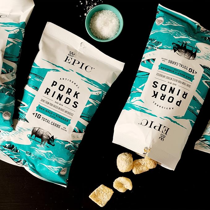 EPIC Sea Salt and Vinegar Pork Rinds, Keto Friendly, Protein Snacks, 2.5 oz (Pack of 4)