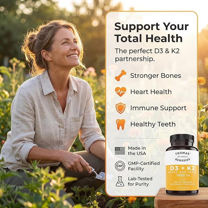 Thomas' all-natural Remedies D3 + K2 with MCT Oil for Better Absorption & Raw Whole Food Blend, 1000 IU D3, Vegan, Made in USA, Support for Your Heart, Bones & Teeth, Non-GMO (120ct)